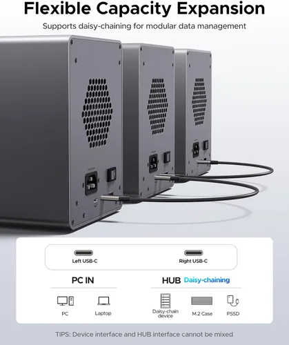 Vista 4 de ORICO Carcasa externa para disco duro de 5 bahías, compatible con Thunderbolt 3/4 solamente, interfaz de concentrador tipo C de hasta 40 Gbps