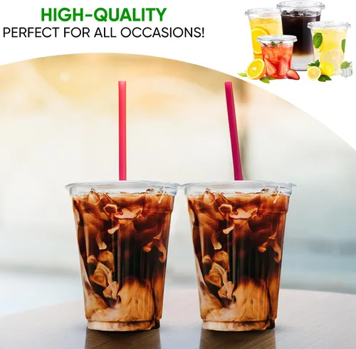 Vista 6 de Green Direct Vasos de plástico ultra transparentes con tapas planas para café helado, batido de té Boba (100, 10 onzas)