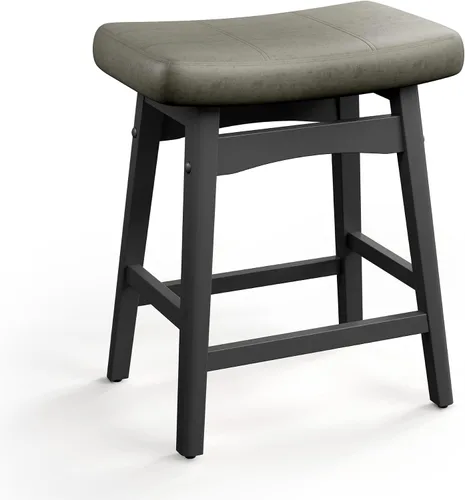 Vista 25 de MAISON ARTS Juego de 4 taburetes de bar grises para encimera de cocina, patas de madera maciza con asiento de silla de montar de piel sintética