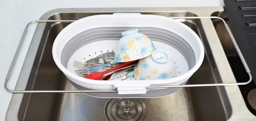 Vista 6 de SAMMART Bañera plegable de 9.2 L (2.37 galones) con asa y colador ovalado sobre el fregadero de 5 litros (verde azulado (cesta) + gris (colador))