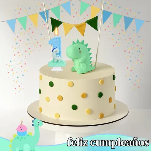 Vista 4 de Vela de dinosaurio azul número 1 para decoración de cumpleaños