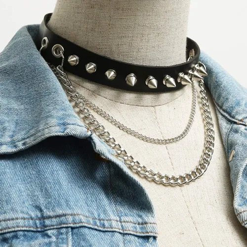 Vista 5 de HZMAN Collar Gargantilla de Cuero con Espigas Metálicas, Puños Puntiagudos y Eslabón de Seguridad para Mujeres y Hombres 01-Negro