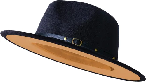 Vista 16 de Sombreros de ala ancha tipo Fedora para mujeres y hombres, sombrero de vestir de dos tonos, sombrero de fieltro tipo Panamá en dos tallas para Negro