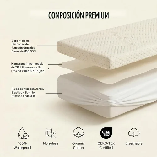 Vista 5 de Protector de colchón acolchado de algodón orgánico de lujo, tamaño individual, almohadilla impermeable y transpirable de 380 GSM, funda ajustable