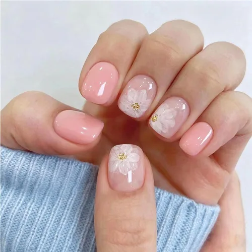 Vista 33 de Uñas postizas a presión medianas con diseño geométrico blanco almendra – 24 uñas postizas reutilizables de ABS brillante, fácil de aplicar, juego
