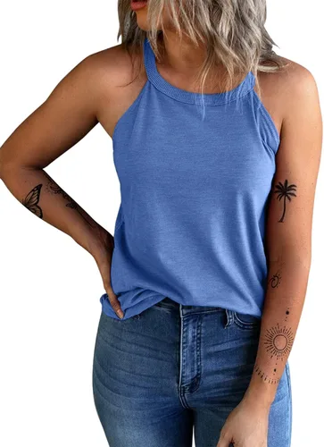 Vista 12 de KINLONSAIR - Camisetas sin mangas de verano para mujer con cuello redondo, estilo halter, para entrenamiento, casual, de tirantes, básicas A16_salmón