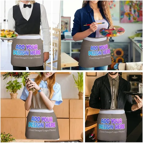 Vista 70 de AXKEUDO Delantal personalizado con bolsillos, delantales de cintura para camarera para cocinar en casa, restaurante, servir trabajo