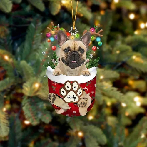 Vista 7 de Adornos personalizados de Pug cervatillo – Decoración personalizada para árbol de Navidad con patas de bolsillo de nieve