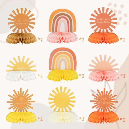 Vista 2 de 9 piezas de centro de mesa boho con forma de panal de abeja, decoración de mesa hippie arcoíris apagado, decoración de mesa de primer viaje