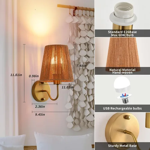 Vista 4 de Juego de 2 apliques de pared bohemios que funcionan con pilas, con pantalla de ratán dorado, luces de pared inalámbricas con bombillas recargables