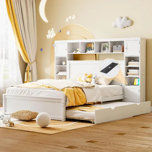 Vista 14 de Versátil cama de plataforma de madera tamaño Queen con armario y nido todo en uno, estante y enchufes, para niños, adolescentes y adultos, uso