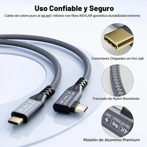 Vista 6 de Cable USB C 3.2 Gen2x2 de 20 Gbps, 90 grados USB C 4K @60Hz UHD Video 5A/240W PD3.1 Cable de carga rápida con E-Marker compatible con Thunderbolt 3/4