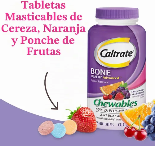 Vista 2 de Caltrate Gomitas masticables 600 +D3 Plus Minerales Calcio y Vitamina D, sin azúcar, sabor a cereza, naranja y ponche de frutas, 155 unidades Sin