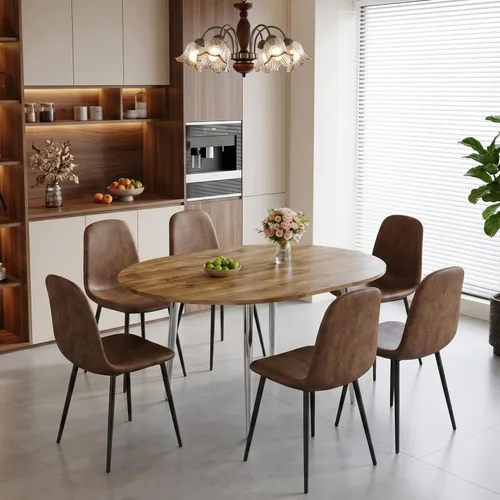 Vista 18 de FURNITO Juego de mesa de comedor de madera para 4, mesa extensible redonda a ovalada de 42 a 54 pulgadas con 4 sillas de tela, juego de comedor 4