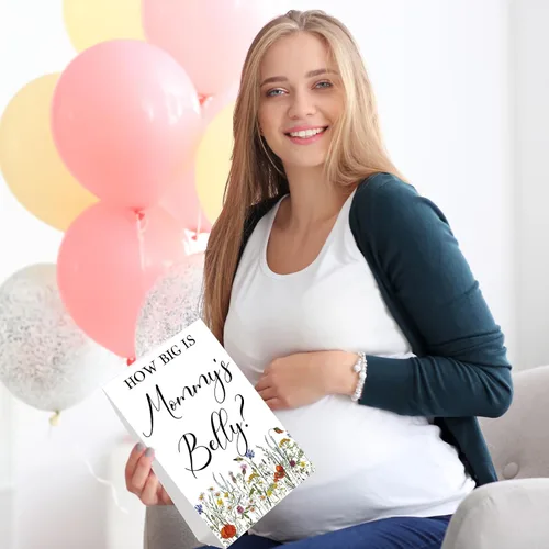Vista 124 de Sabary 64 Piezas Juegos de Baby Shower Incluyen Letrero How Big is Mommy's Belly Sign Measure Bump Game 50 Tarjetas 10 Lápices 3 Cintas Métricas