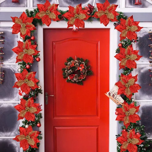 Vista 9 de Juego de 20 flores de pascua de 8.7 pulgadas de ancho, 3 capas de flores de Pascua rojas con purpurina, adornos para árbol de Navidad rojo, coronas