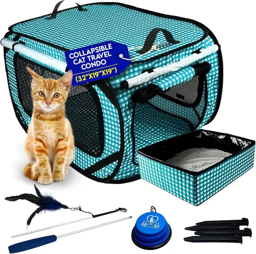 Vista 8 de Pet Fit For Life Transportador de gatos extra grande para viajes, plegable y portátil, plegable, con caja de arena, juguete de plumas y cuenco