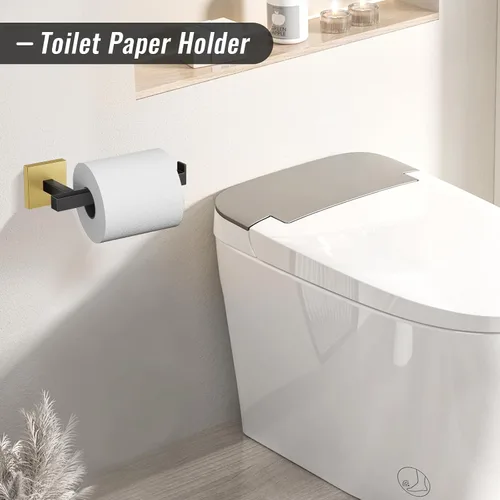 Vista 4 de YACVCL Juego de Barra de Toallas, Juego de 5 Piezas de Accesorios de Baño Negro y Dorado, Juego de Accesorios de Baño Negro y Dorado, Soporte