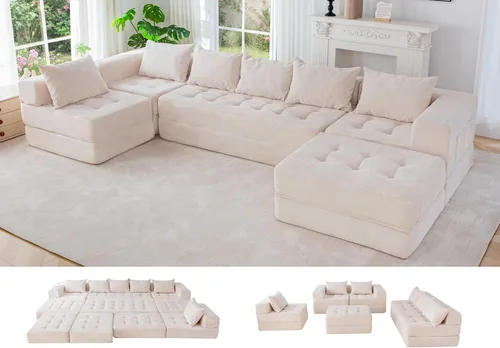 Vista 12 de MAXYOYO Sofá modular seccional, sofá plegable en forma de U con almohadas, sofá tumbona copetudo de 6 asientos sin huesos para sala de estar,