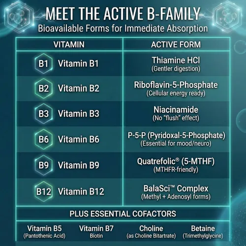 Vista 6 de Approved Science Complejo B metilado - Complejo completo de vitamina B bioactiva - Folato (5-MTHF), vitamina B12 metilada, P5P - Soporte