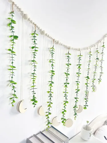 Vista 6 de Guirnalda de cuentas de madera de eucalipto artificial para colgar en la pared, decoración bohemia de eucalipto natural