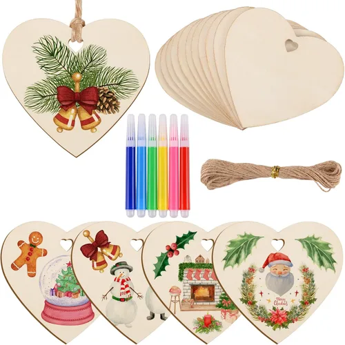 Vista 8 de 60 piezas de corazón de madera natural de 3 pulgadas para manualidades, rebanada de madera sin terminar, adornos de corazón de madera preperforados