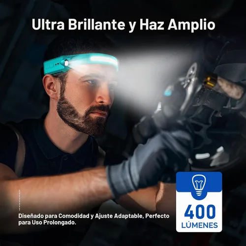 Vista 7 de Nessciera Linterna LED recargable (Azul), 400 lúmenes, haz ancho de 230°, USB-C, IPX4, 5 modos — Banda ajustable ligera; clips para casco