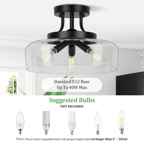 Vista 3 de Lámpara de techo industrial moderna semiempotrada con pantalla de vidrio transparente, lámpara de techo negra de 3 bombillas para cocina