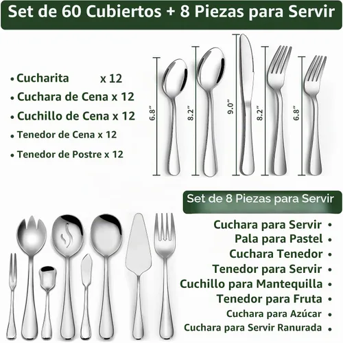 Vista 2 de Juego de 68 piezas de cubiertos con juego de utensilios para servir, juego de cubiertos de acero inoxidable CEKEE para 12, juego de cubertería