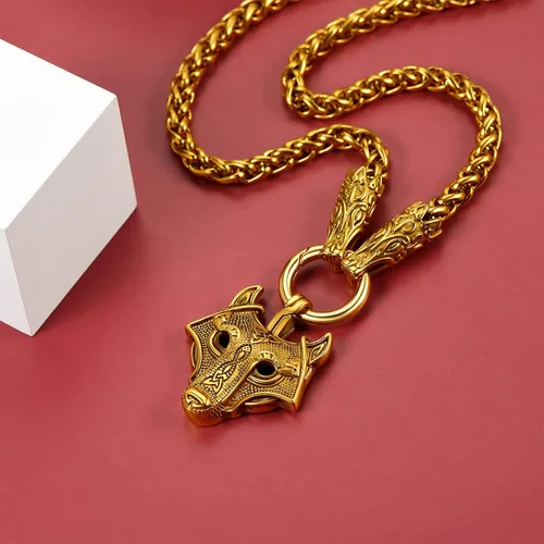 Vista 8 de FaithHeart Collar grueso de collar vikingo nórdico punk, de acero inoxidable, nudo celta, cabeza de lobo, amuleto, joyería de regalo