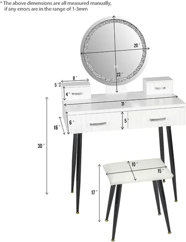 Vista 3 de Juego de mesa de maquillaje, mesa de tocador con espejo iluminado, 3 modos de iluminación, patas de mesa de metal y taburete acolchado, mesa