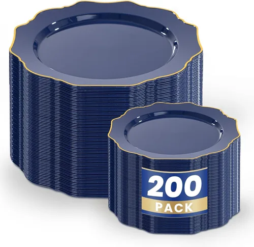 Vista 15 de WDF 100 piezas de platos de plástico azul - Platos desechables azul claro - Platos de plástico con borde festoneado resistente