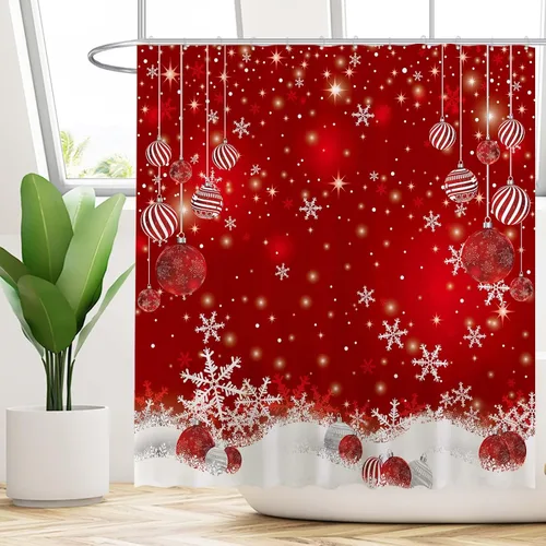 Vista 2 de Funnytree 72"x72" Cortina de ducha roja con copos de nieve de Navidad, brillantes, chispeantes, con efecto bokeh para decoración de baño, lavable a