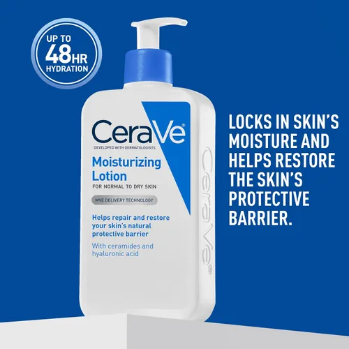 Vista 6 de CeraVe Loción hidratante diaria para piel seca, loción corporal y hidratante facial con ácido hialurónico y ceramidas, hidratante diario, sin