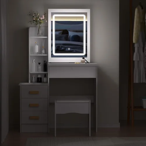 Vista 5 de Escritorio de tocador de maquillaje con espejo y luces, mesa de tocador con 4 cajones, 7 estantes y espacio extra oculto, tocador compacto