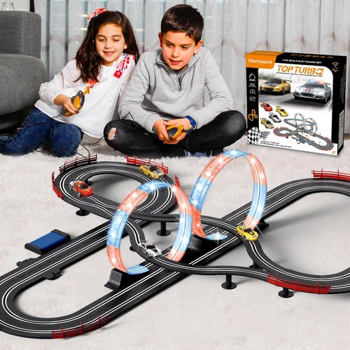 Vista 3 de Slot Car Race Track a escala 1:43 para niños, pistas LED eléctricas, doble carreras, 4 autos con faros, juguete grande, juego de pistas de regalo