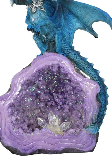 Vista 6 de Ebros Gift Fantasía Meteorito iridiscente Dragón Azul Guardando Cuarzo Púrpura Geoda Imitación Caverna Rock Figurita Colección Mediana Calabozos