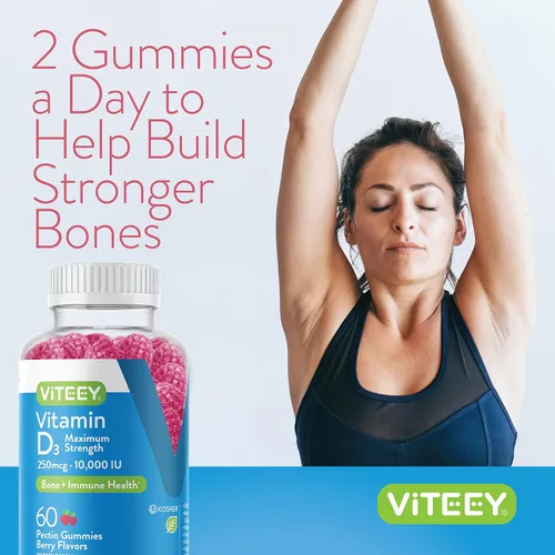Vista 6 de Viteey Gomitas de vitamina D3 para adultos y adolescentes, 10,000 UI, 250 mcg, máxima fuerza, salud de las articulaciones y los músculos, refuerzo