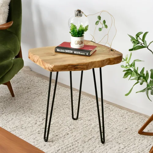 Vista 3 de Mesa auxiliar de madera Welland con borde natural, mesita de noche., cedar