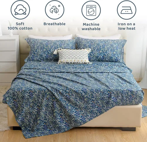 Vista 3 de QSH 100% Sábanas de algodón para cama tamaño Queen - Estampado floral azul de plantas patrón botánico lujoso de algodón estampado floral ropa