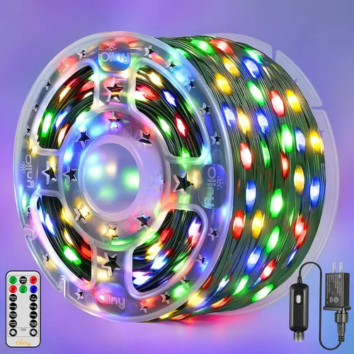 Vista 4 de Ollny Luces LED de 198 pies 600 LED para exteriores, impermeables, enchufables, para árbol de Navidad, con 8 modos de temporizador remoto, cadena