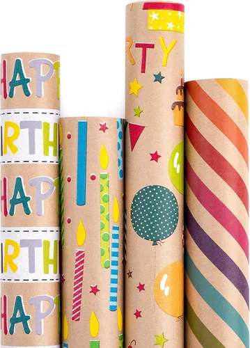 Vista 8 de RUSPEPA Rollos de papel kraft para envolver regalos - Diseño de arcoíris de cumpleaños colorido, total de 4 rollos (30 pulgadas x 10 pies, 4 rollos)