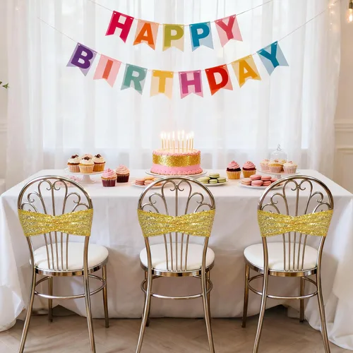 Vista 4 de SquarePie Paquete de 20 bandas de lentejuelas para silla, lazos dorados con purpurina para decoración de banquetes de boda, fiesta