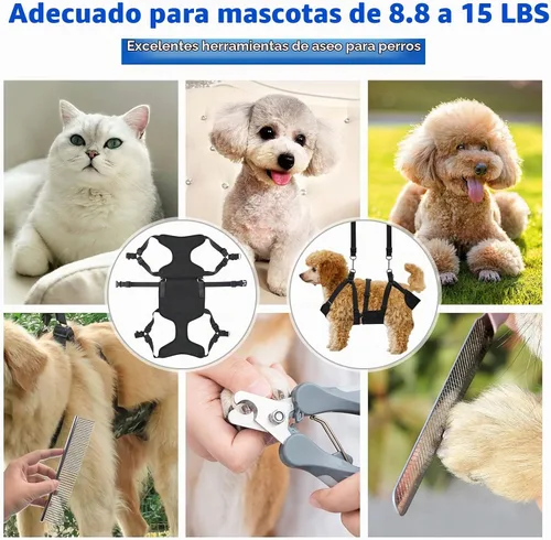 Vista 7 de Hamaca de aseo para mascotas 2 en 1 con arnés sin tirones, se desmonta en correa, bucle ajustable, ganchos de acero inoxidable, tamaño pequeño