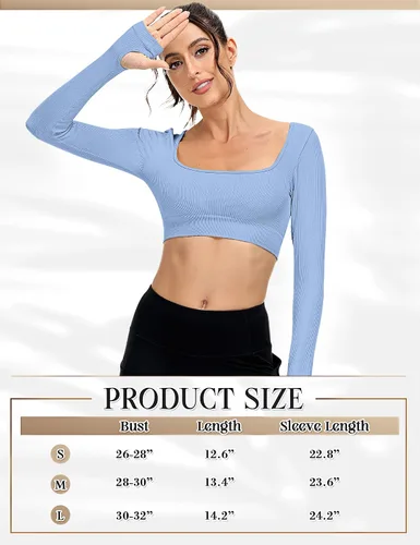 Vista 5 de Paquete de 3 camisetas cortas acanaladas sin costuras de manga larga con cuello cuadrado para mujer, entrenamiento, gimnasio, yoga