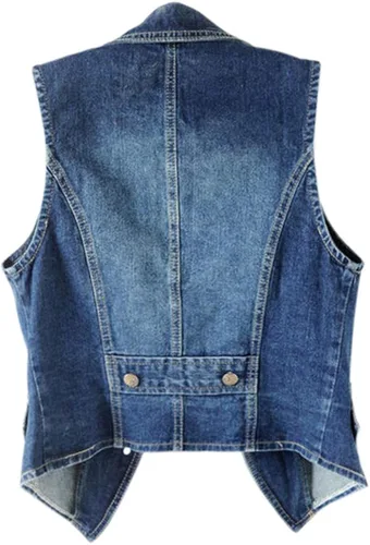 Vista 2 de OFOKEDA Chaleco de mezclilla con solapa para mujer, chaleco con botones, chaleco azul