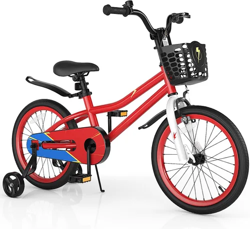 Vista 15 de HONEY JOY Bicicleta para niños, 12, 14, 16, 18, 20 pulgadas, con ruedas de entrenamiento y freno de mano, marco de acero, cadena totalmente cerrada