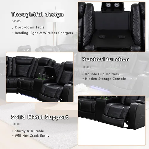 Vista 5 de Sofá reclinable de cuero transpirable con luz LED, sofá modular eléctrico con consola de almacenamiento, soporte para tazas para cine en casa, sala