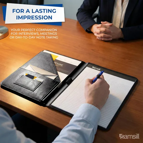 Vista 8 de Samsill Portafolio de piel sintética con puntada de contraste, portafolio de negocios para hombres y mujeres, organizador de documentos y currículo