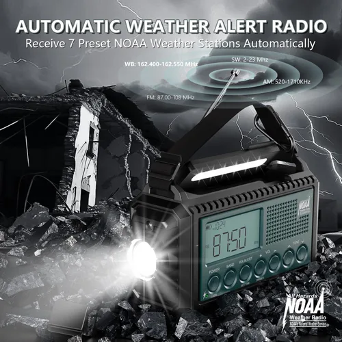Vista 9 de AUTO NOAA Radio de emergencia de alerta, manivela solar portátil AM FM radio meteorológica de onda corta para supervivencia, radio a